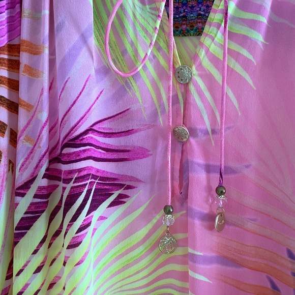 Camilla South Beach Sunrise 100% Silk Gathered Yoke Short Dress Blouson Sleeves - Picture 4 of 16